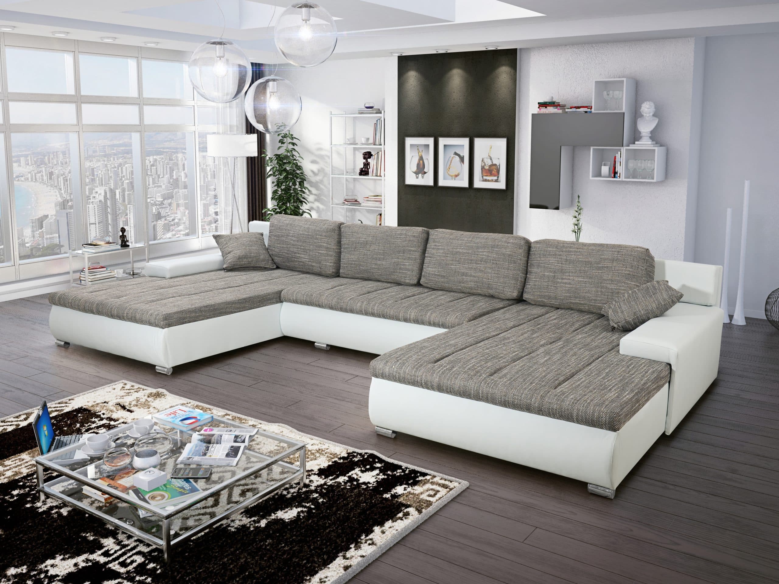 Rohová sedačka TOSKANIA U, šedá látka prošitá béžovou a černou nití/bílá ekokůže