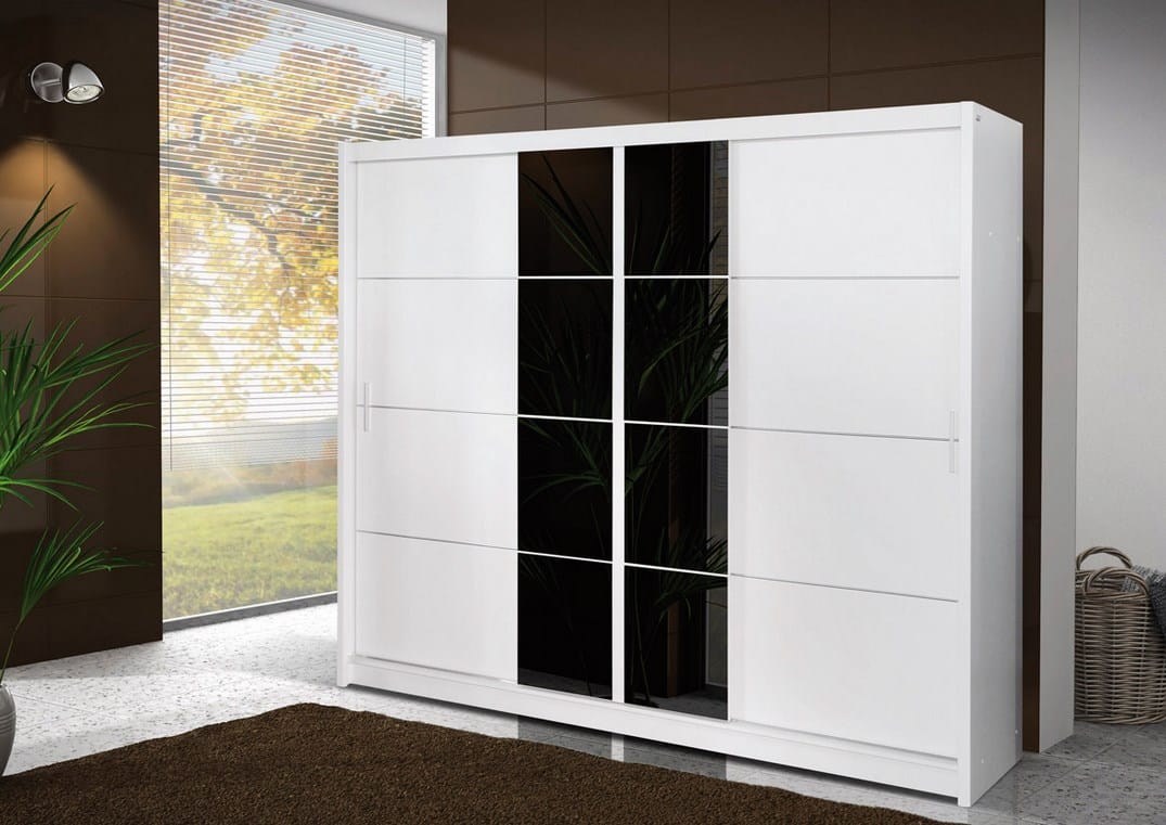 Šatní skříň s posuvnými dveřmi PORTO 250, bílá/černé sklo