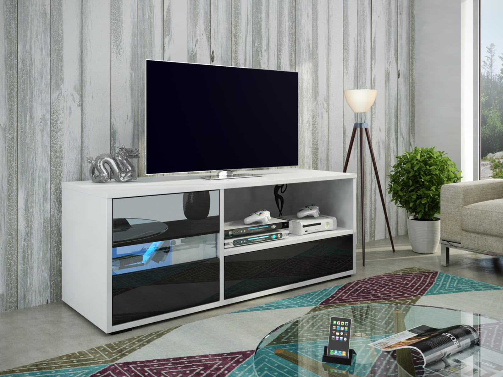 GLOBAL 1 televizní stolek, bílá/černý lesk