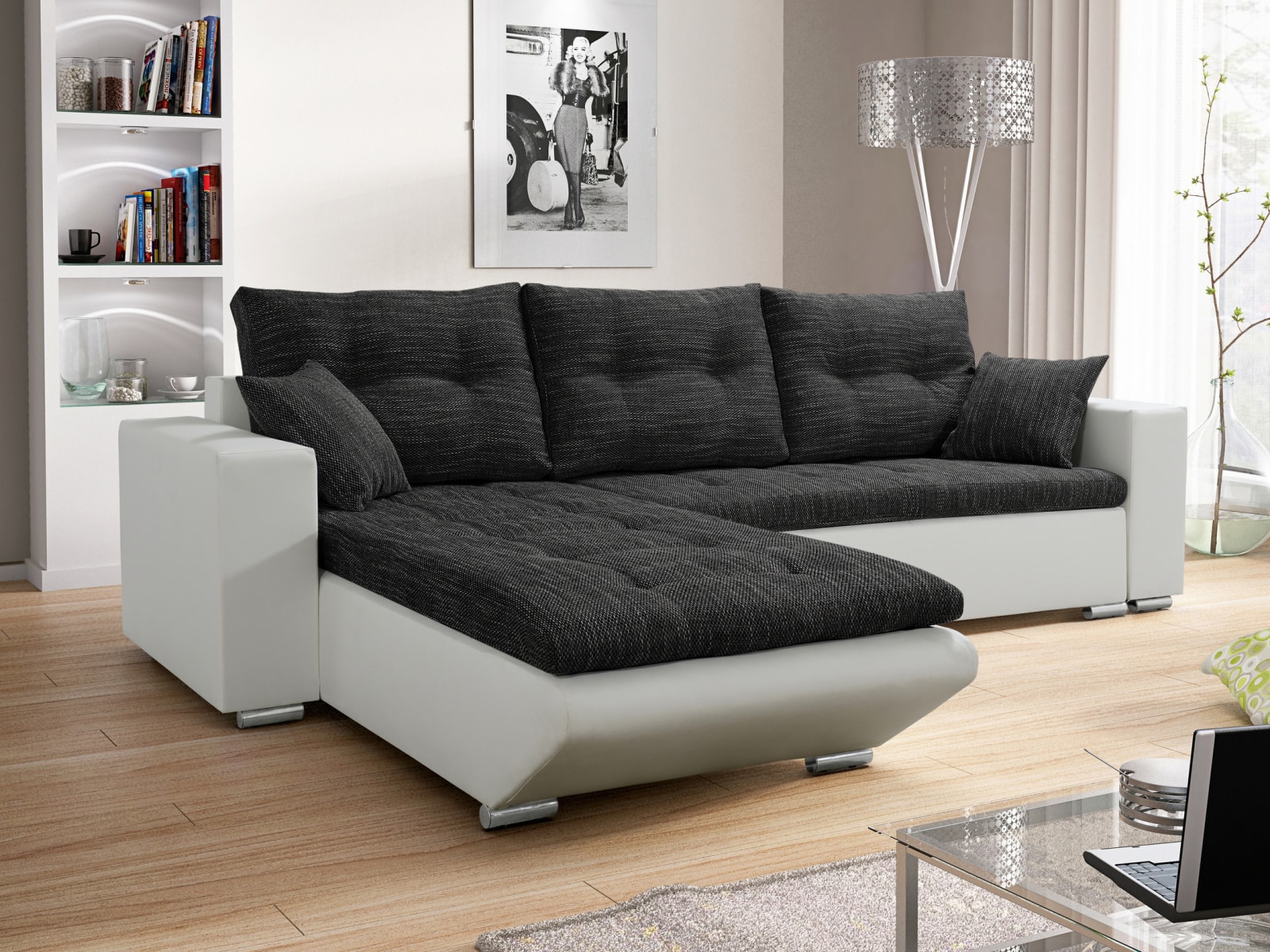 Rohová sedačka DARLA 2, černá látka/bílá ekokůže