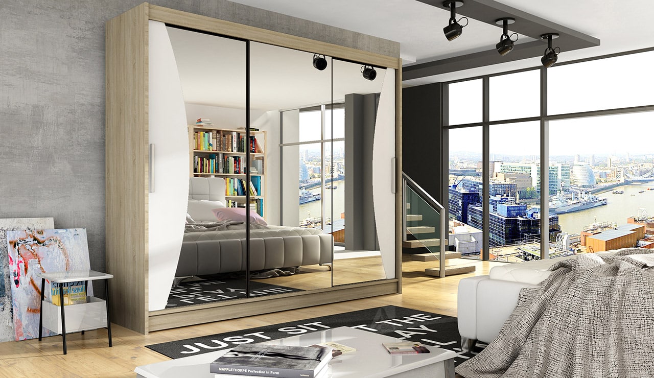 Šatní skříň ASTON IV, dub sonoma/bílý mat/zrcadlo