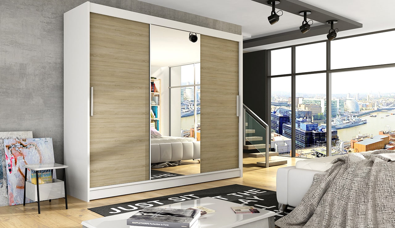 Šatní skříň ASTON I, bílý mat/dub sonoma/zrcadlo