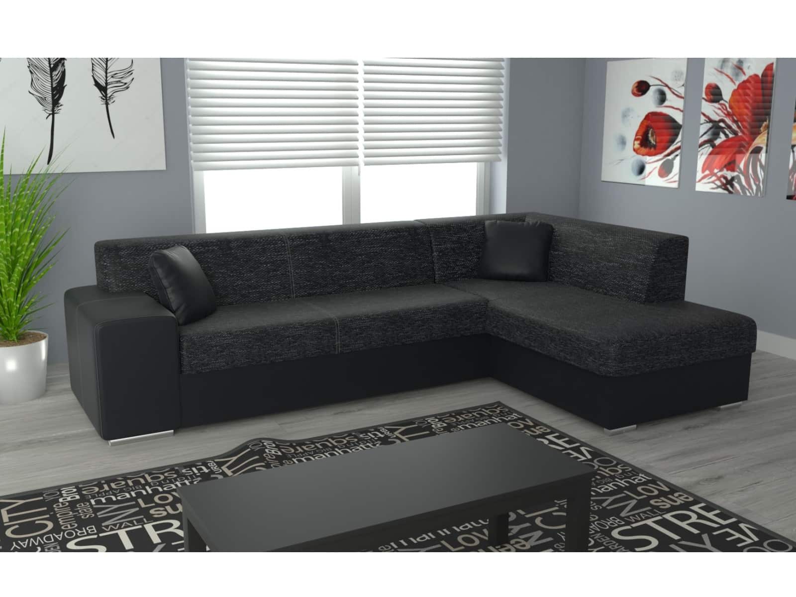 Rohová sedačka COMO pravá, černá látka/černá ekokůže