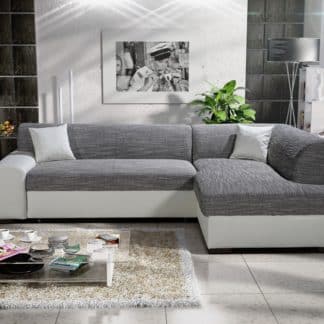 Rohová sedačka MINOS 1 pravá, šedá látka prošitá béžovou a černou nití/bílá ekokůže