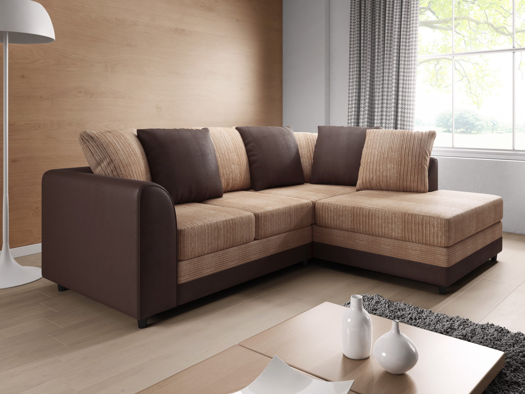 Rohová sedačka DYLAN pravá, béžová látka/hnědá látka