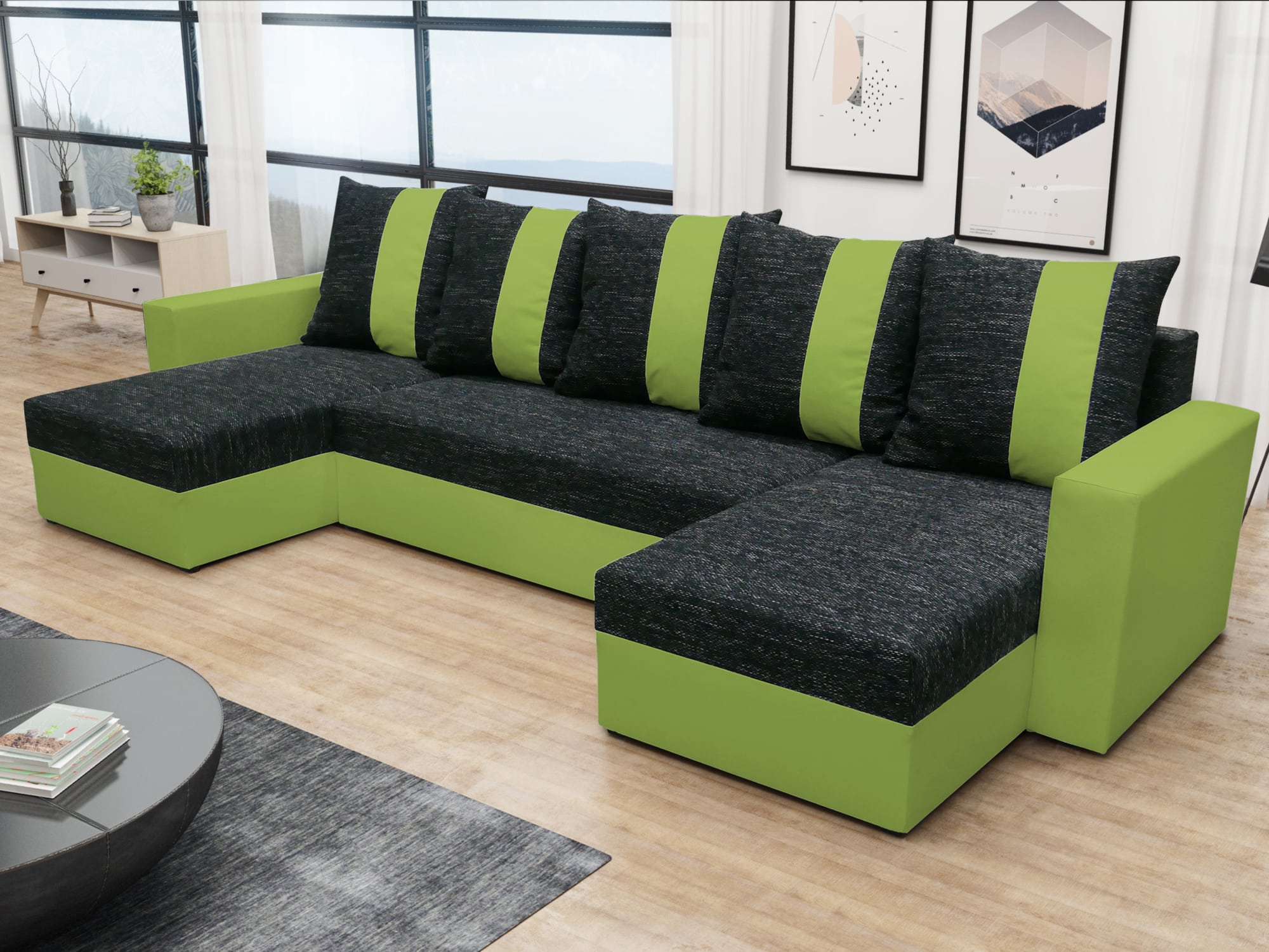 Rohová sedačka PRAGA U, černá látka/zelená látka