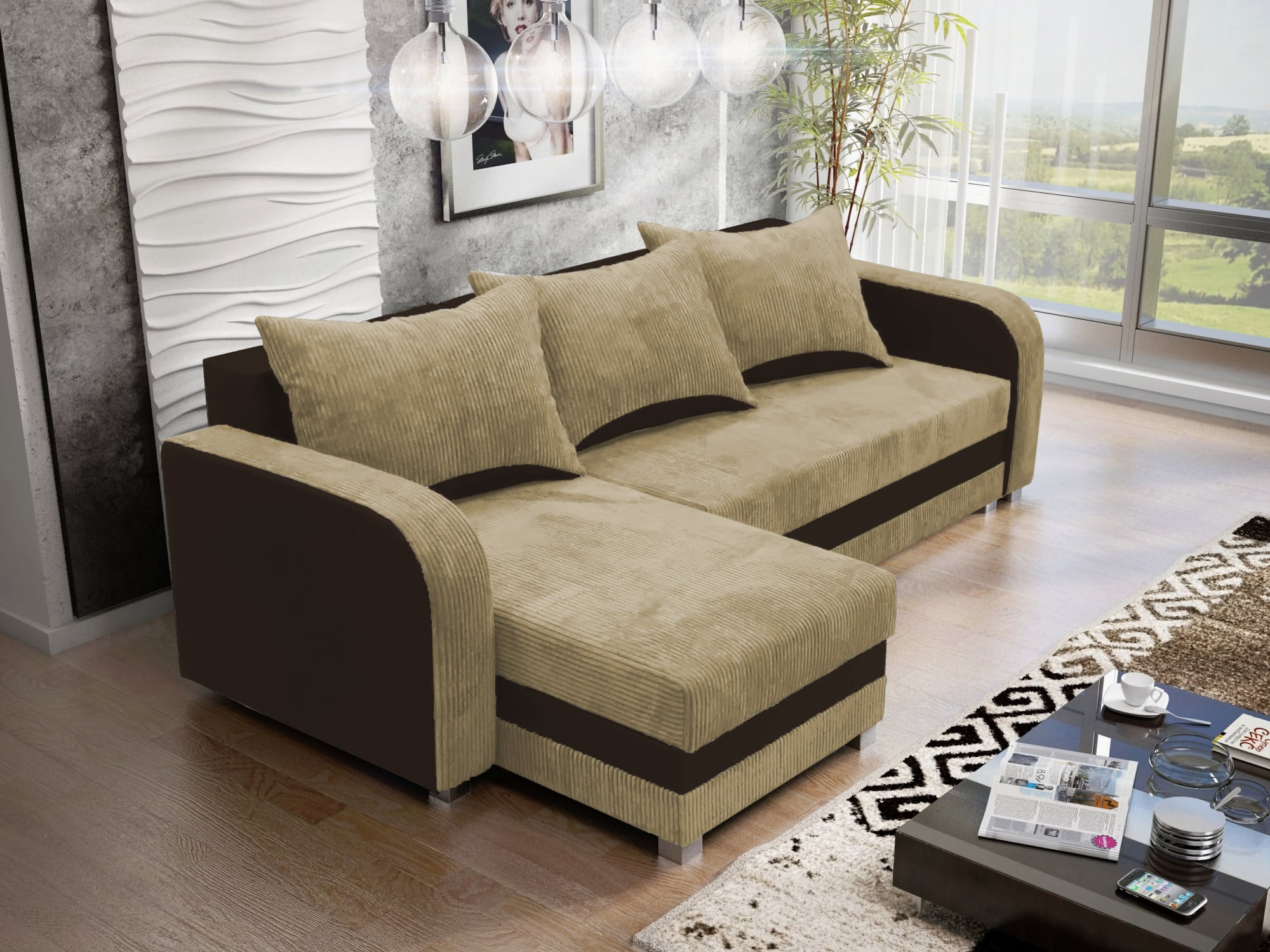 Rohová sedačka LUTON 3, šedý manšestr/bílá ekokůže