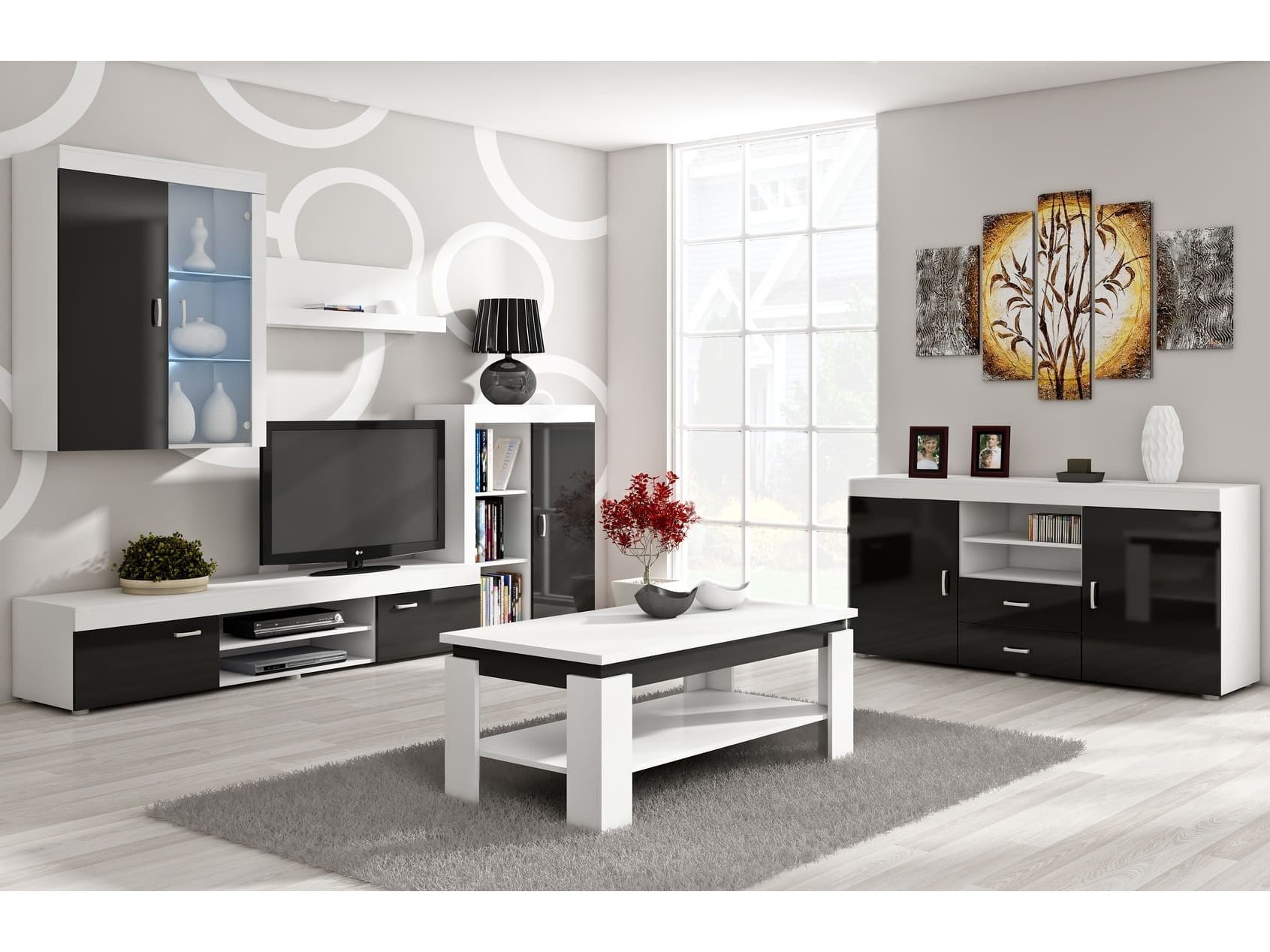 Obývací stěna MAMBA, bílá/černý lesk