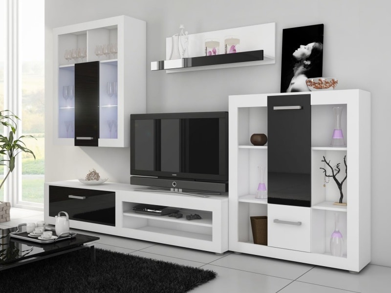 VIKI, obývací stěna, bílá/černý lesk