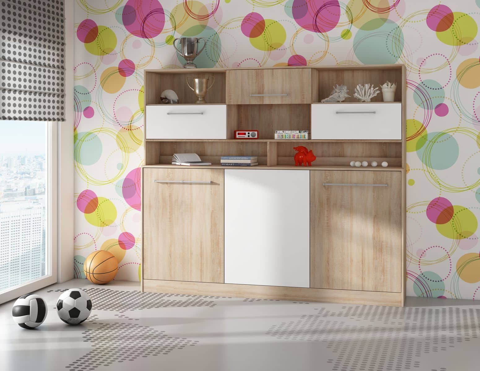 ROGER, multifunkční postel s nastavbou, dub sonoma/bílá