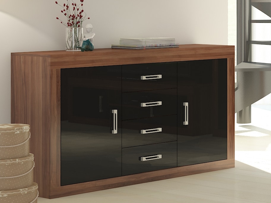 VERIN/09, komoda 2D4S, švestka wallis/černý lesk