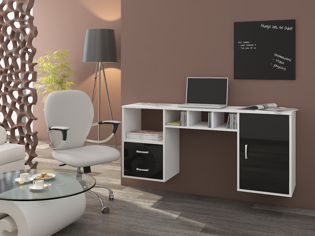 Psací stůl HANGER, bílá/černý lesk