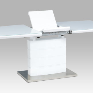 Rozkládací jídelní stůl HT-440 WT, bílý lesk/bílé sklo/broušený nerez