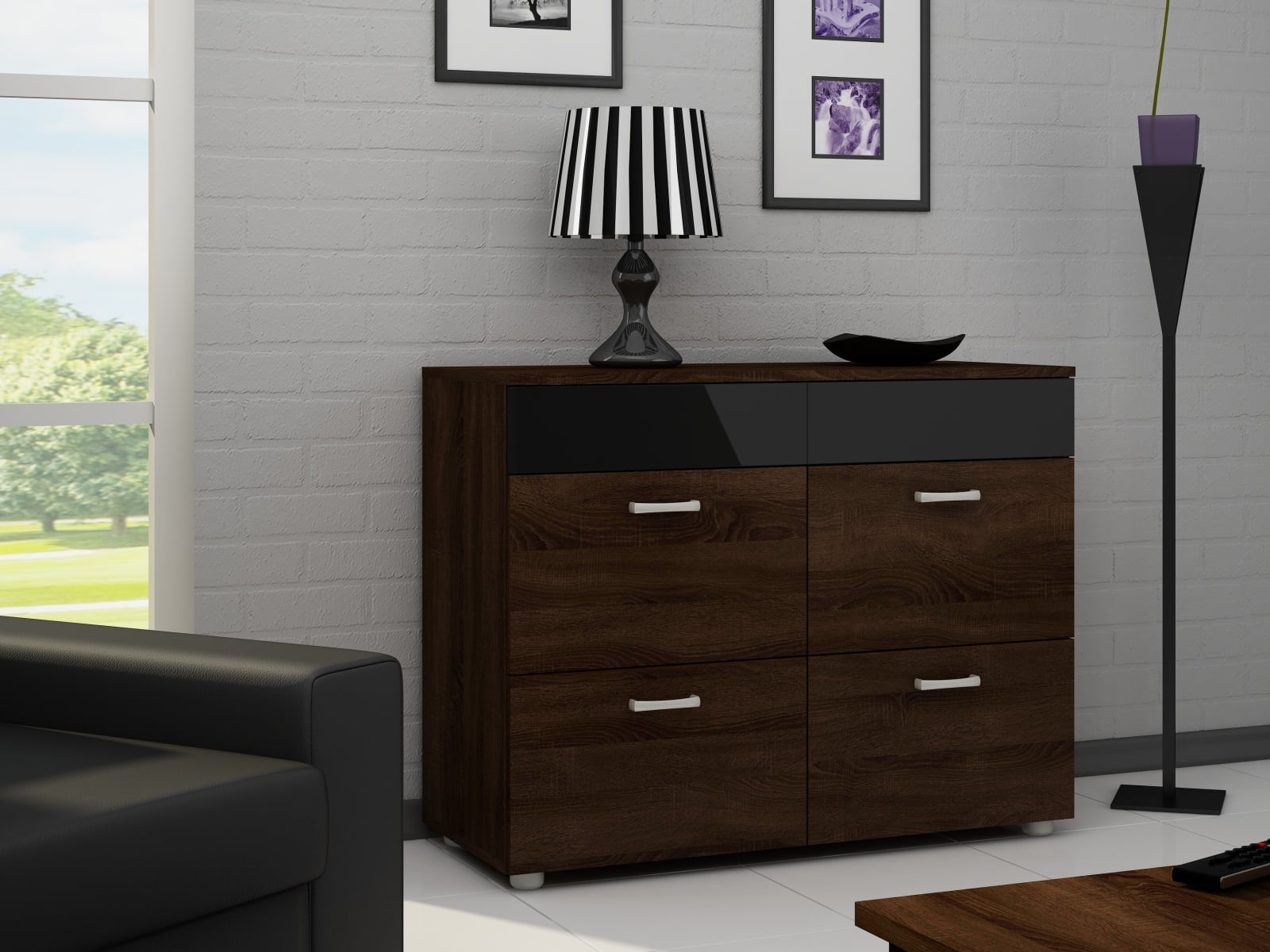 MAGIC, komoda, dub sonoma tmavý/černý lesk