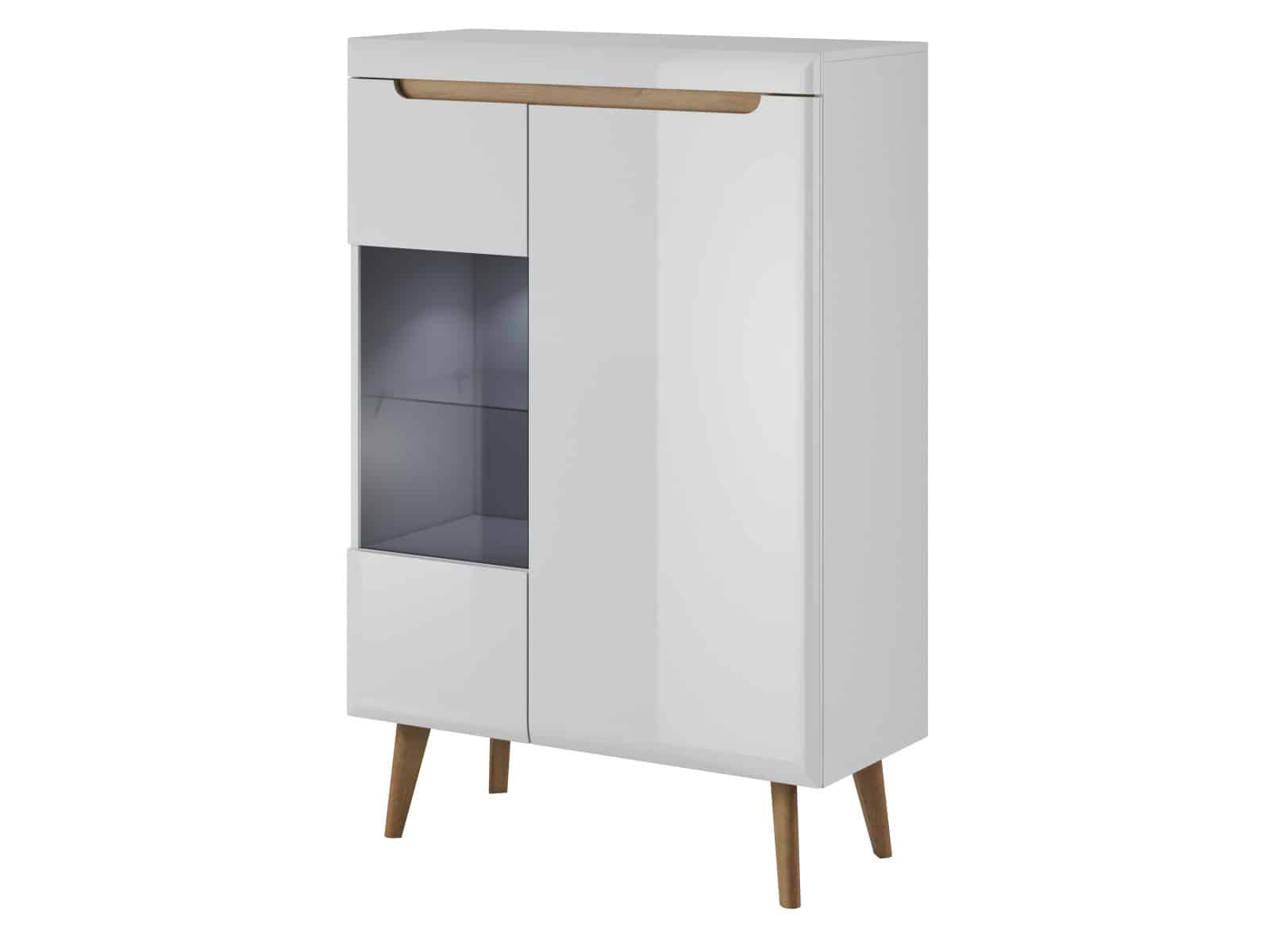 Vitrína NORDI NWT90, bílá/bílý lesk/dub riviera