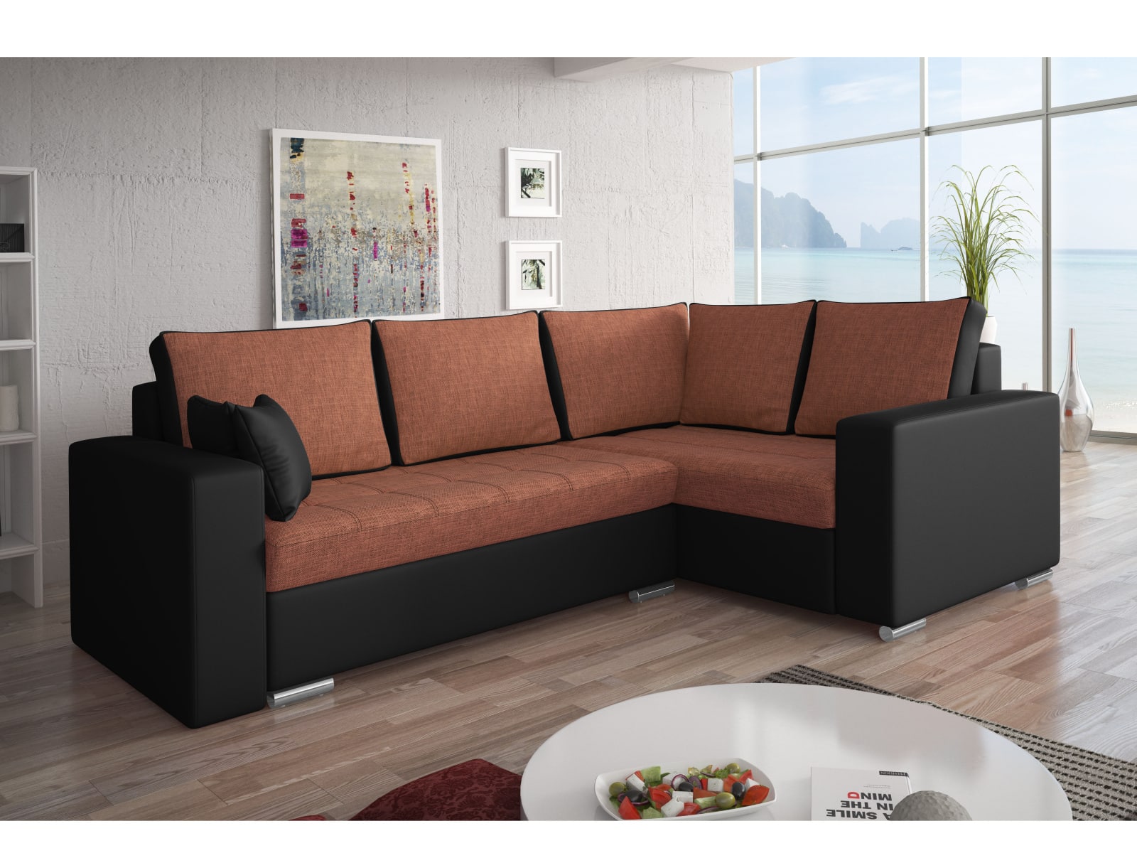 Rohová sedačka VALERIO BIS 5 pravá, oranžová látka/černá ekokůže