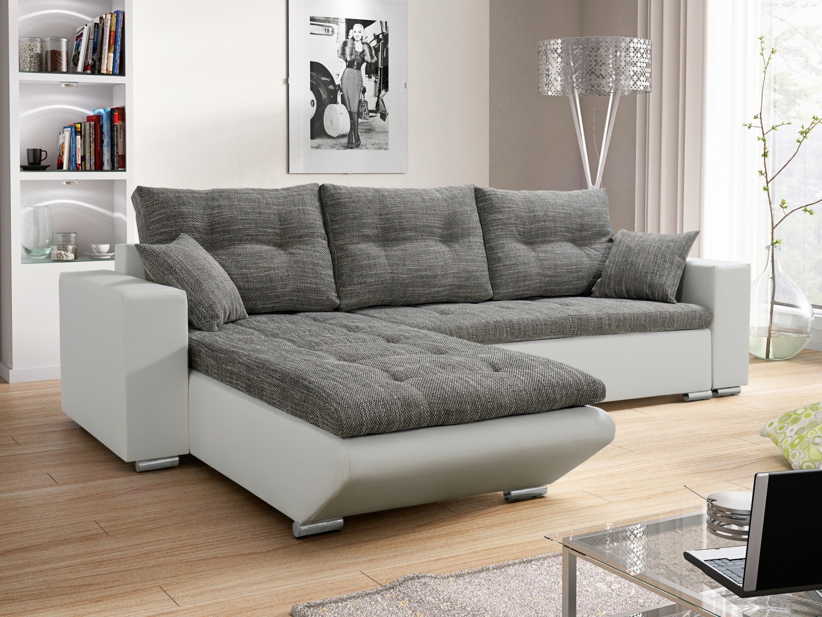 Rohová sedačka DARLA 1, šedá látka/bílá ekokůže