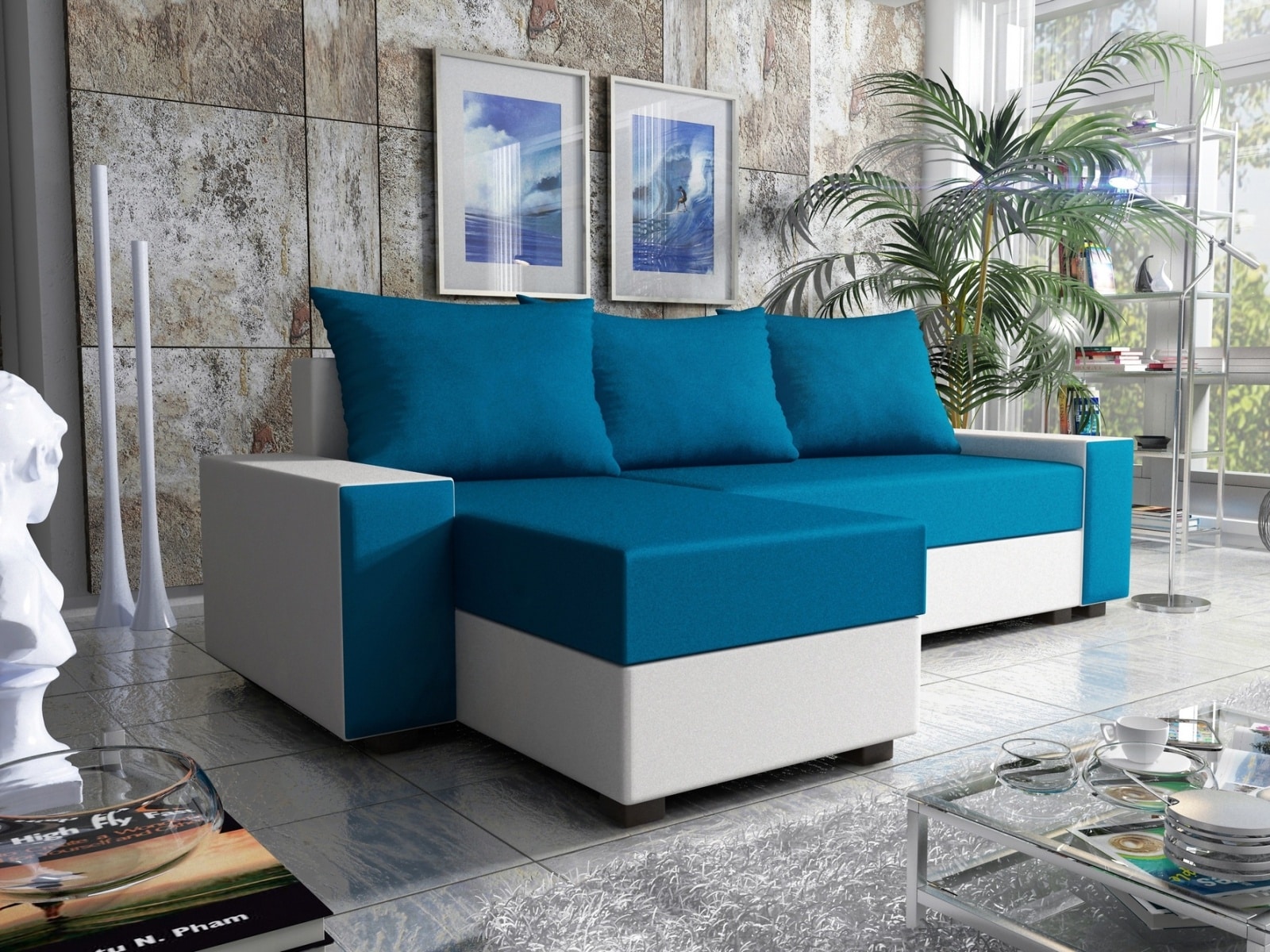 Rohová sedačka FIESTA 2, modrá látka/bílá ekokůže