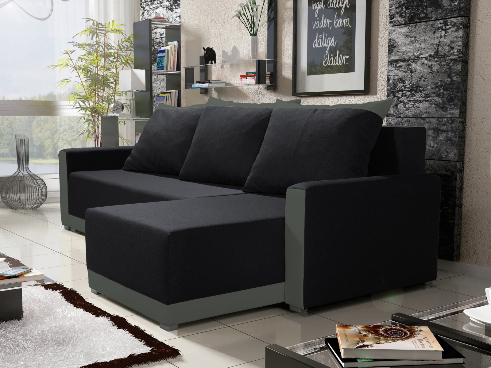 Rohová sedačka BRAGA BIS 3, černá látka/šedá látka