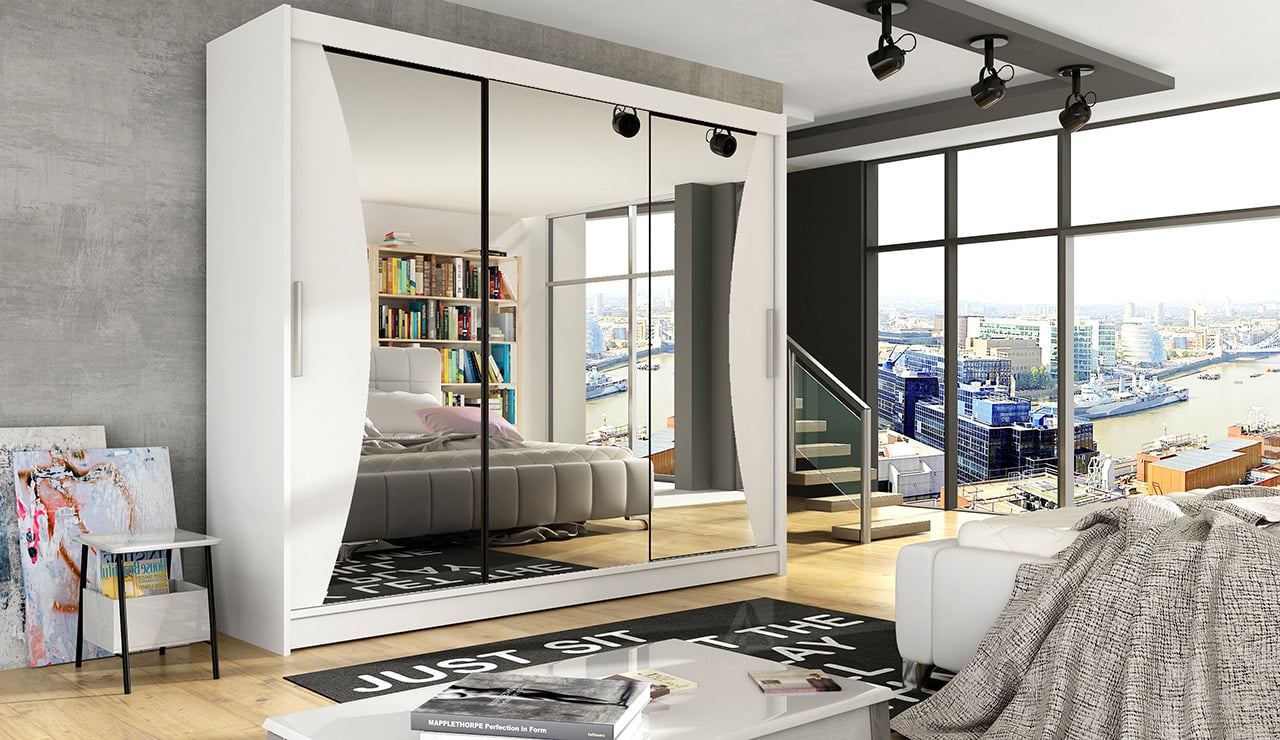 Šatní skříň ASTON IV, bílý mat/zrcadlo