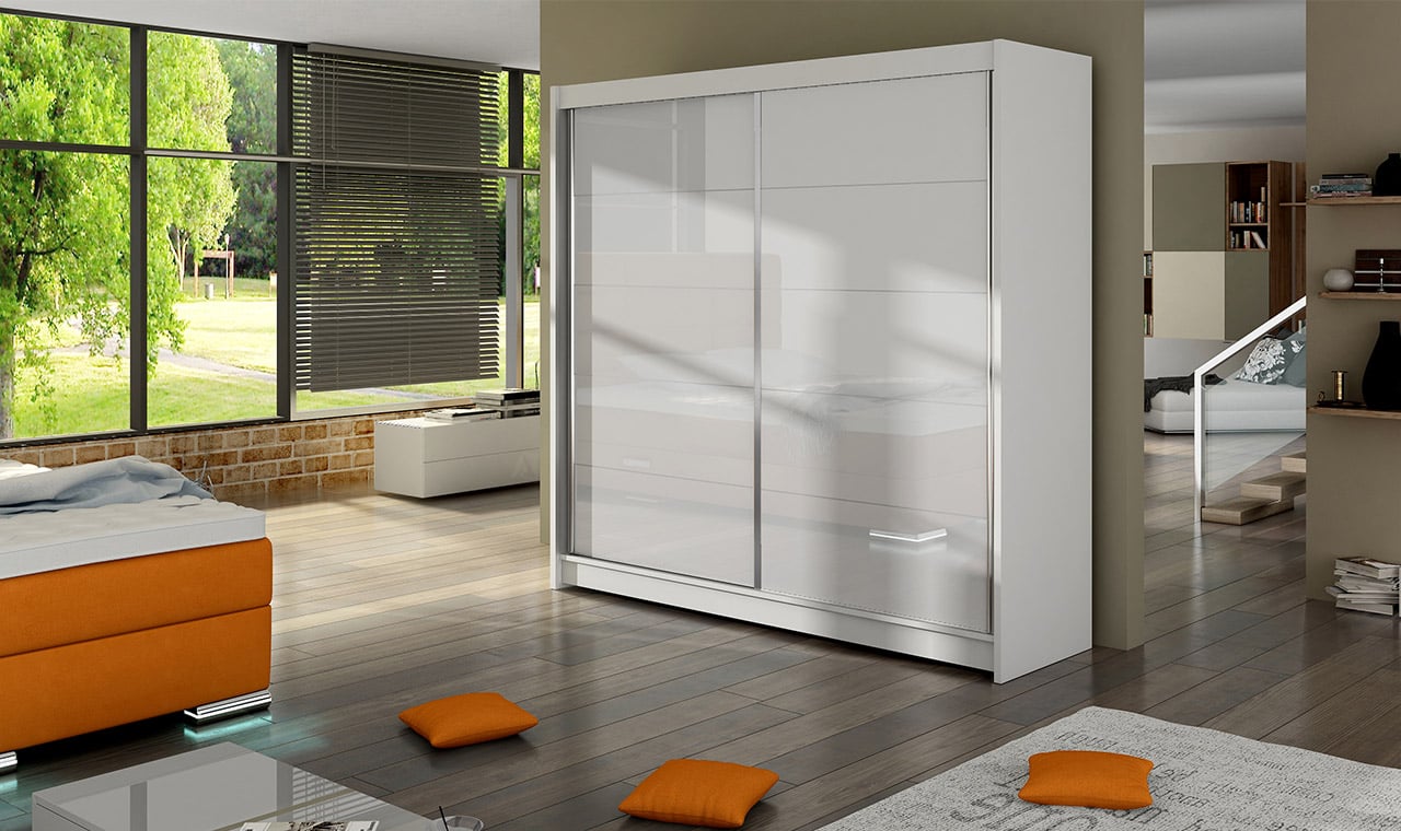 Šatní skříň FALCO I, bílý mat/bílé sklo