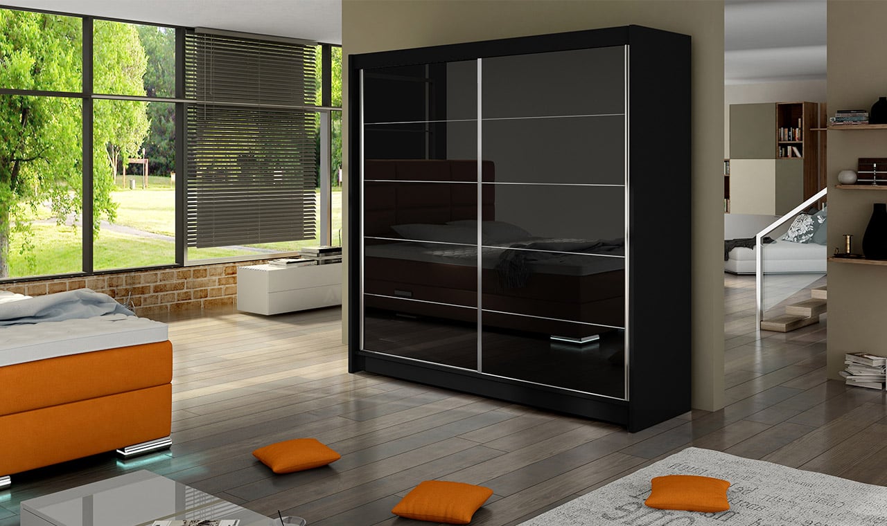 Šatní skříň FALCO I, černý mat/černé sklo