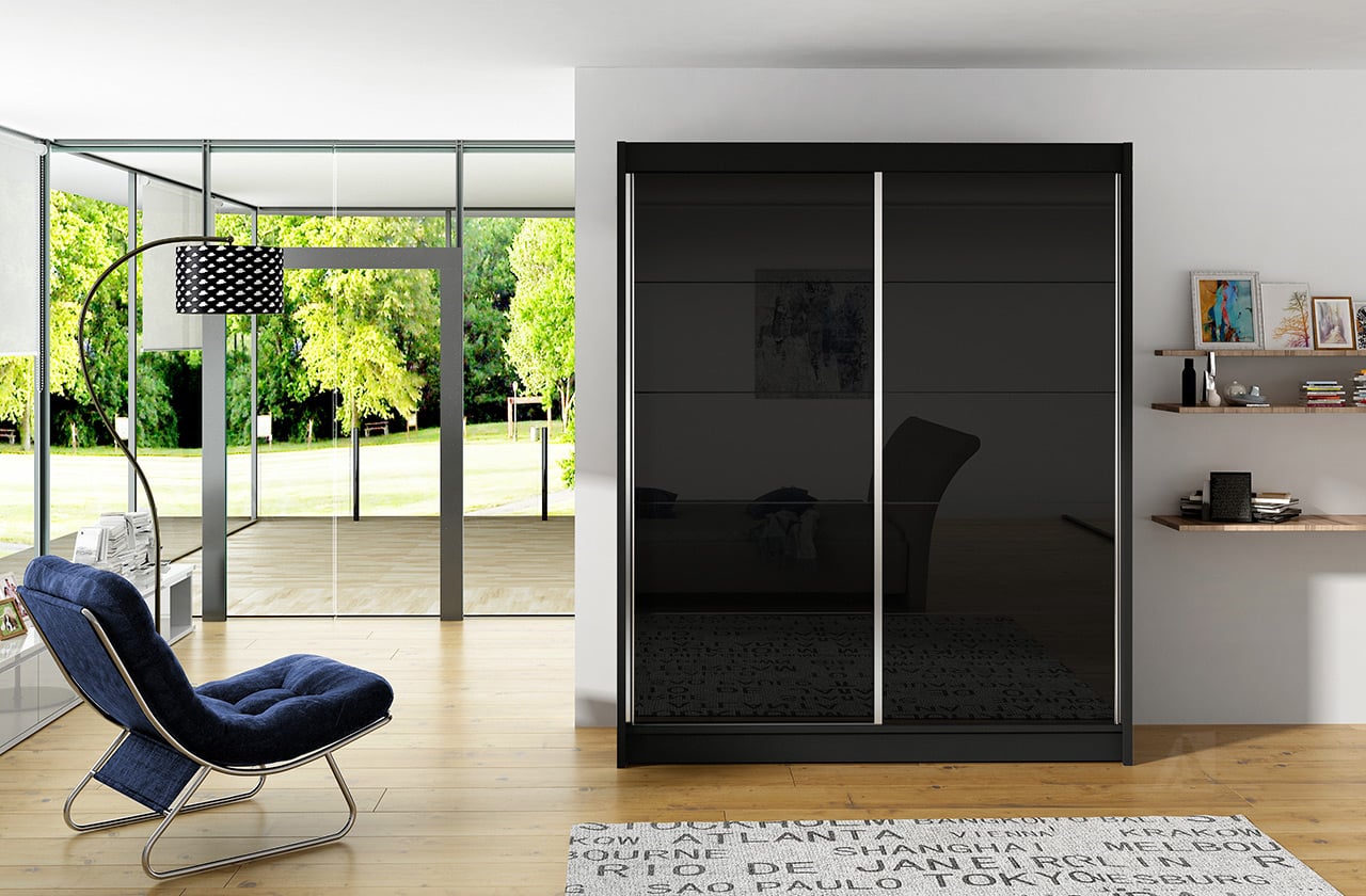 Šatní skříň VITO I, černý mat/černé sklo
