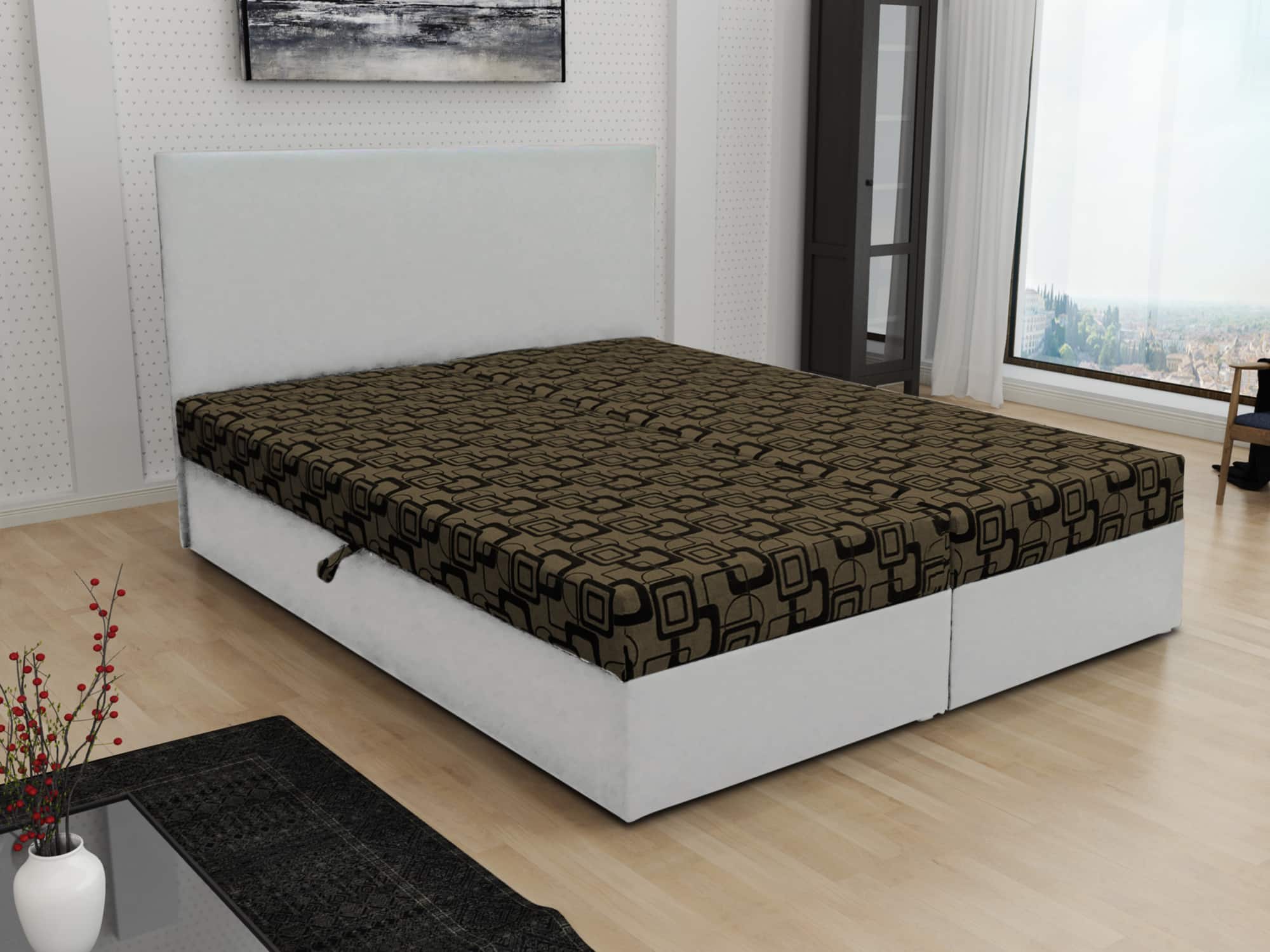 Čalouněná postel JERRY 140x200, hnědá látka se vzorem/bílá ekokůže