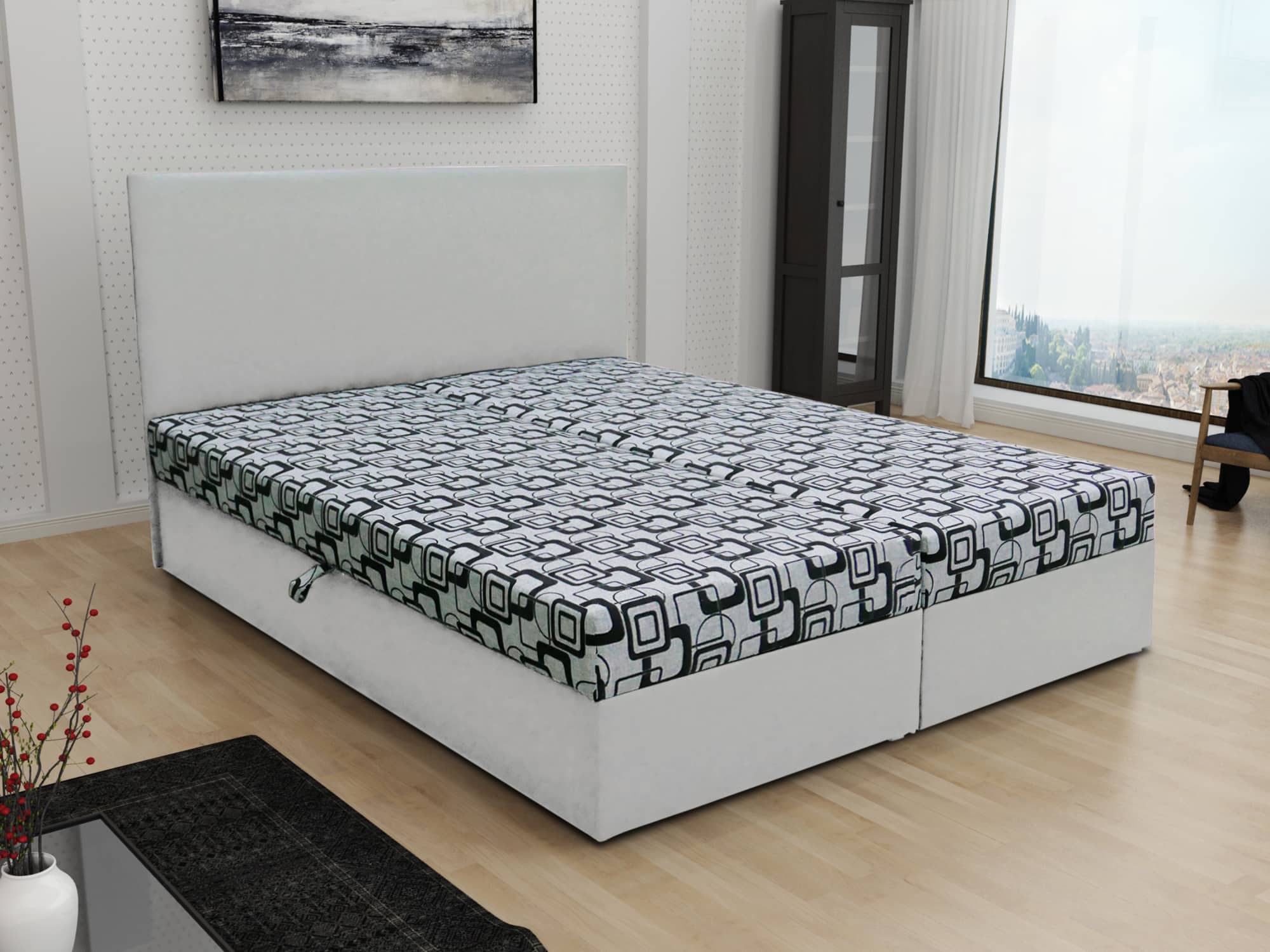 Čalouněná postel JERRY 140x200, šedá látka se vzorem/bílá ekokůže