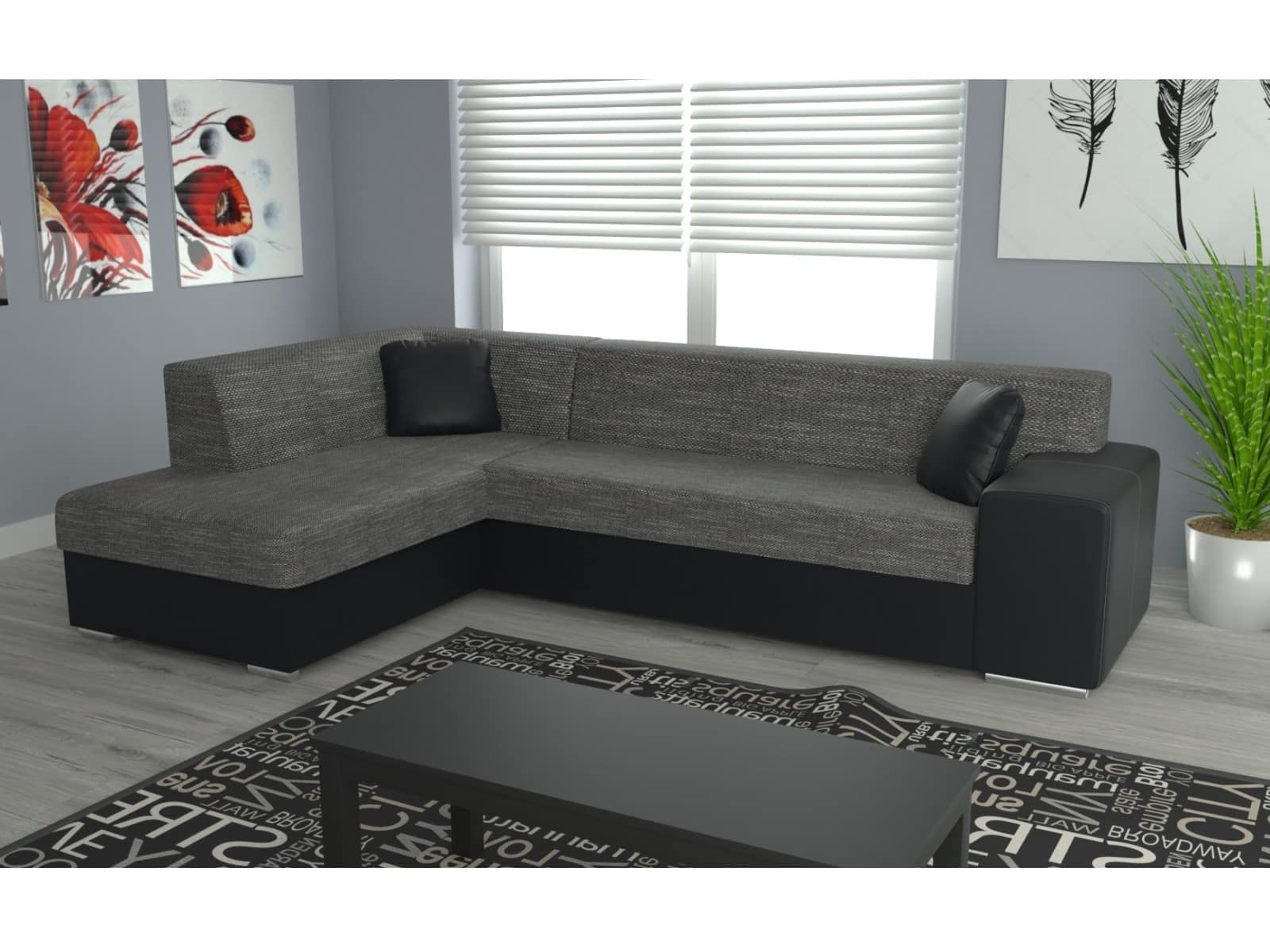 Rohová sedačka COMO levá, šedá látka/černá ekokůže