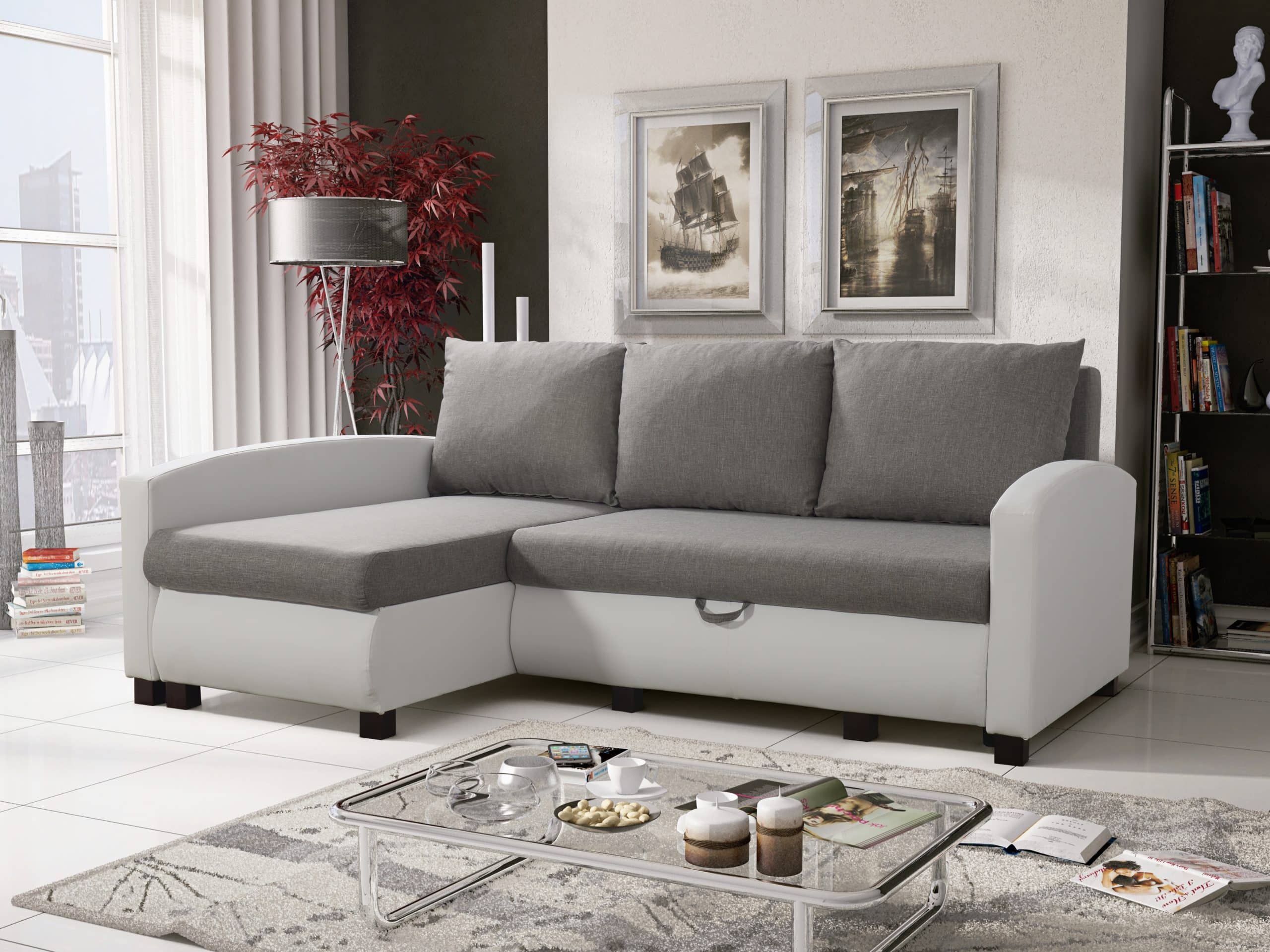 Rohová sedačka PORTO 1 univerzální roh, světle šedá látka/bílá ekokůže