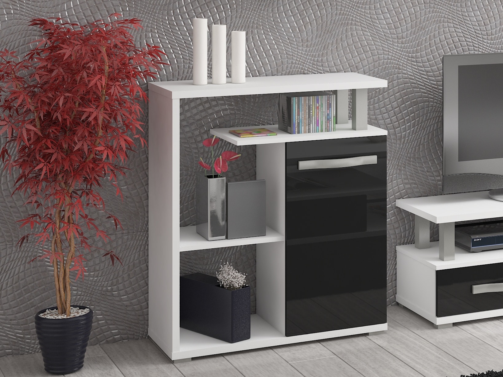 ANGEL regál nízký 1D, bílá/černý lesk