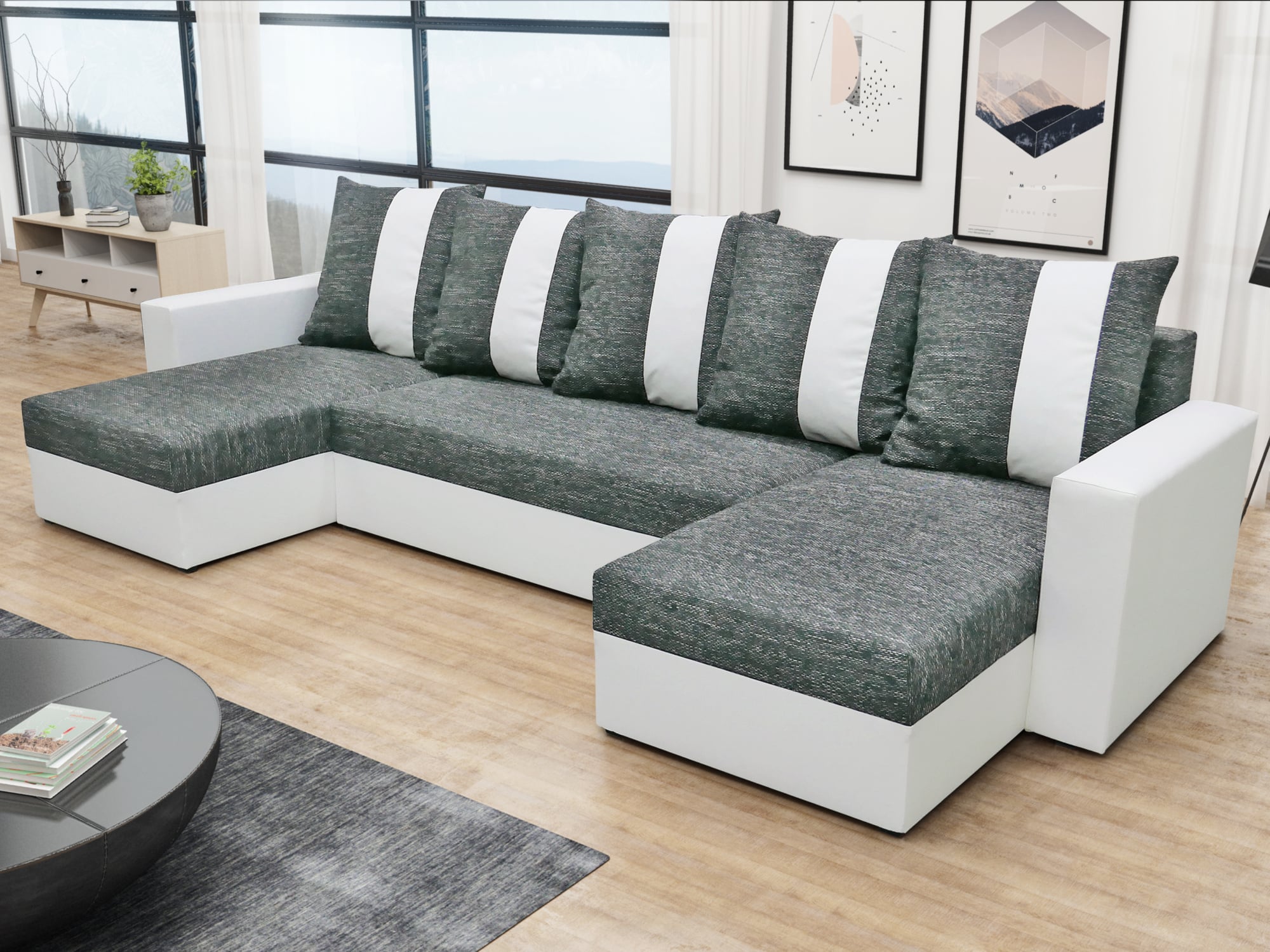 Rohová sedačka PRAGA U, šedá látka/bílá ekokůže