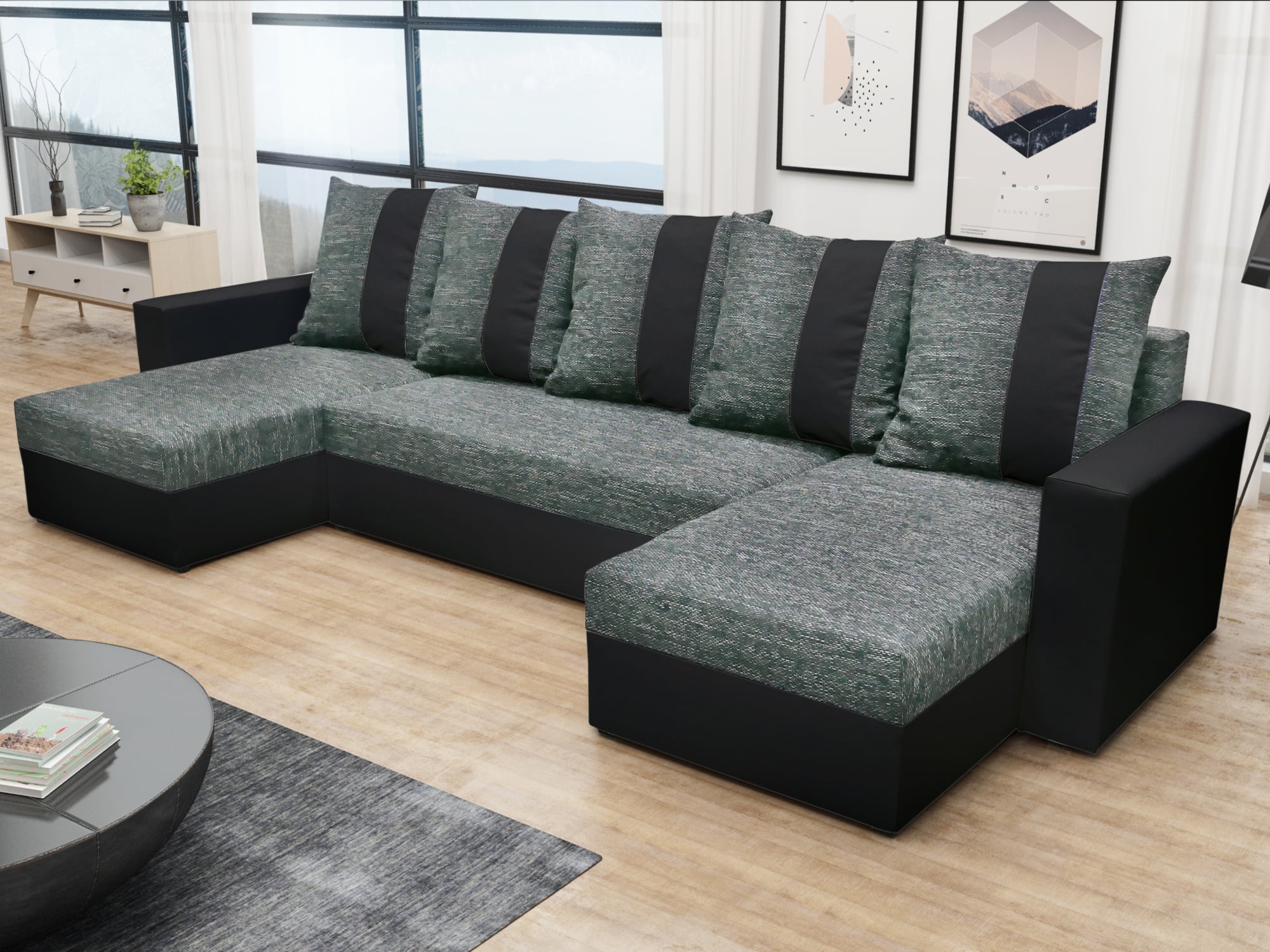 Rohová sedačka PRAGA U, šedá látka/černá ekokůže