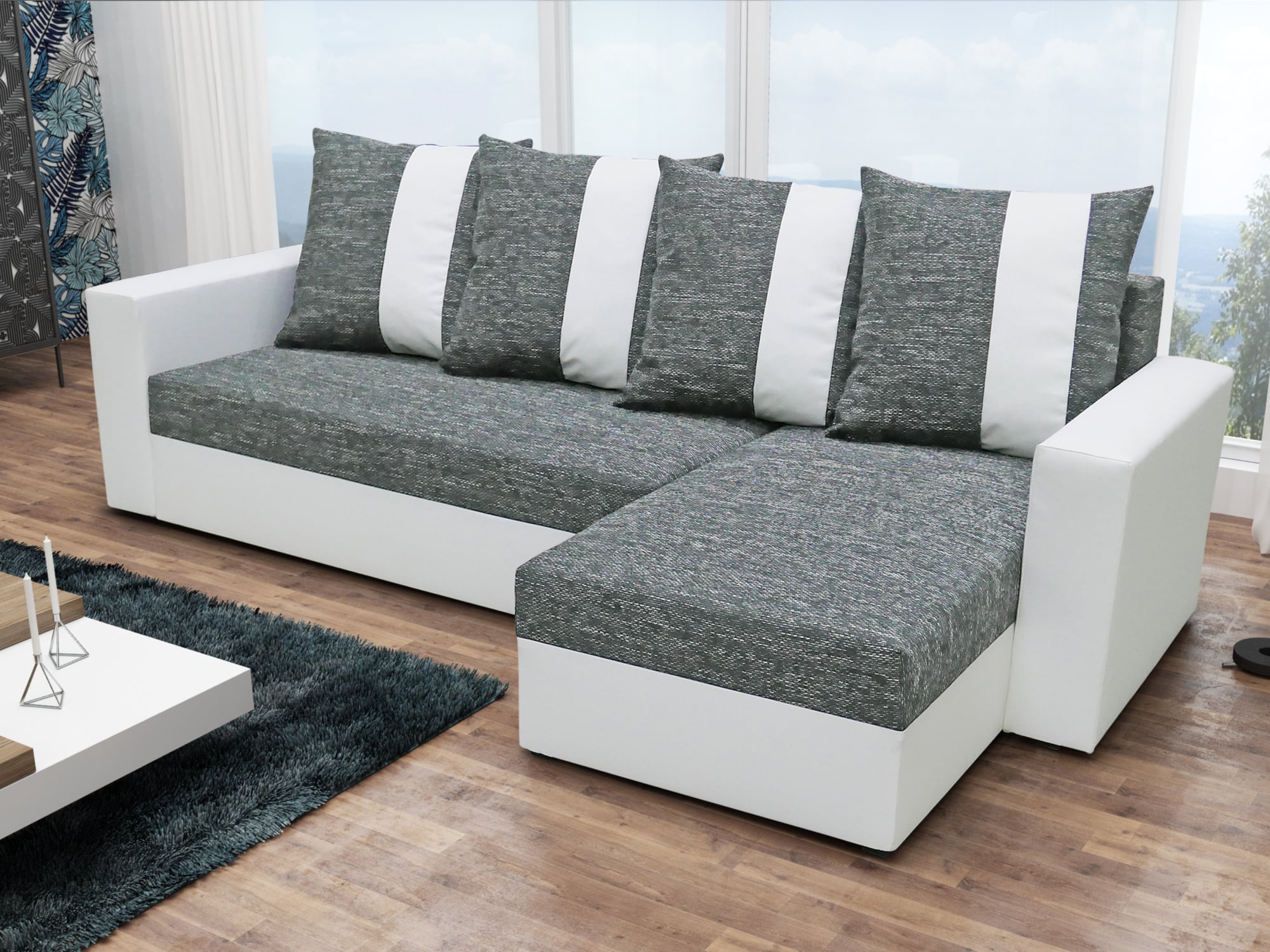 Rohová sedačka PRAGA, šedá látka/bílá ekokůže