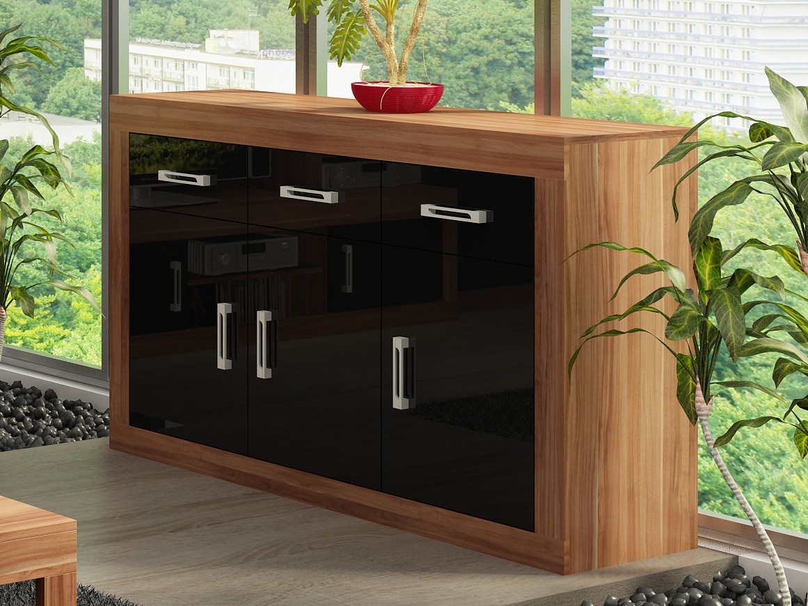 VERIN/10, komoda 3D3S, švestka wallis/černý lesk