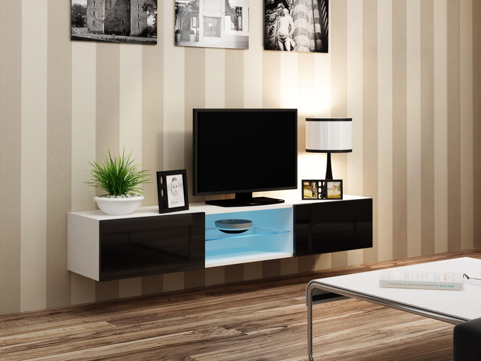 Televizní stolek VIGO SKLO "180", bílá/černý lesk