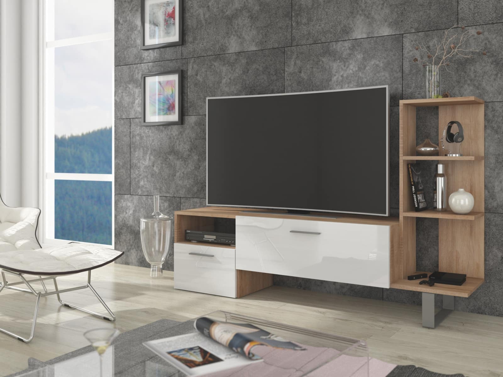 BEST televizní stolek, dub sonoma/bílý lesk