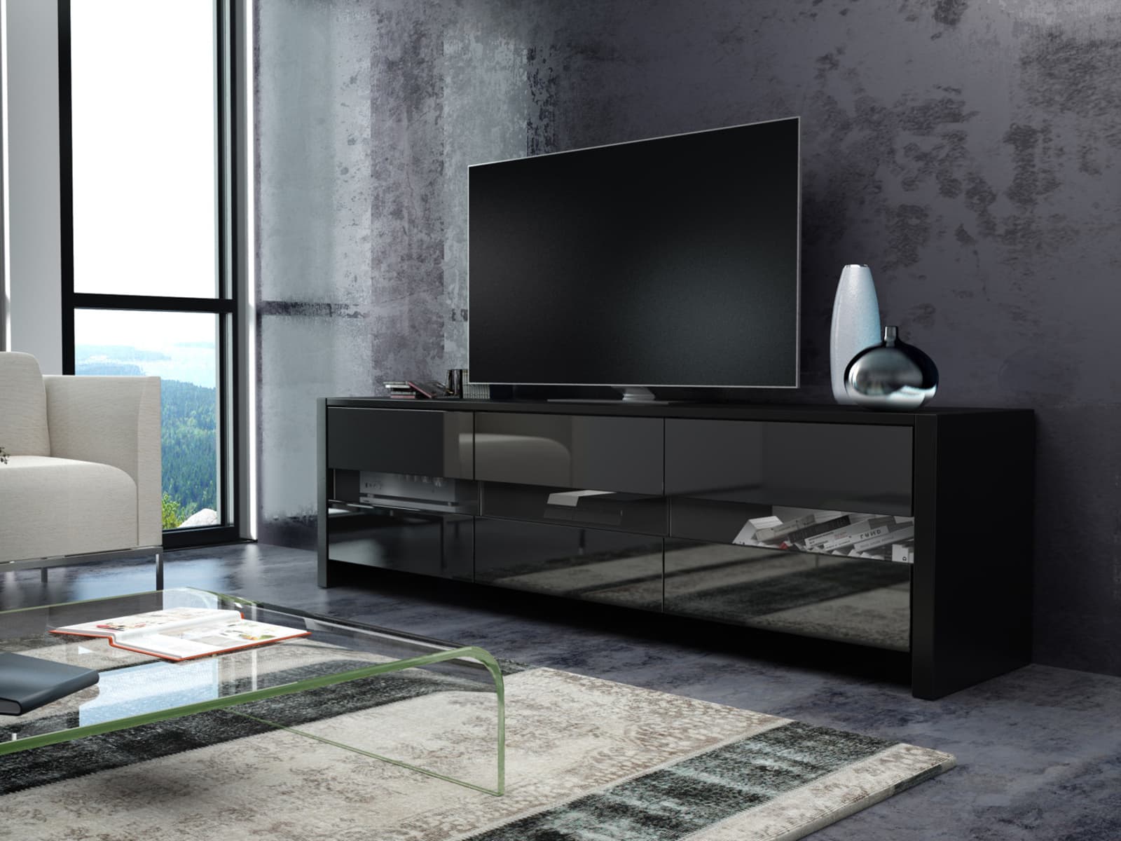 FOX televizní stolek, černá/černý lesk