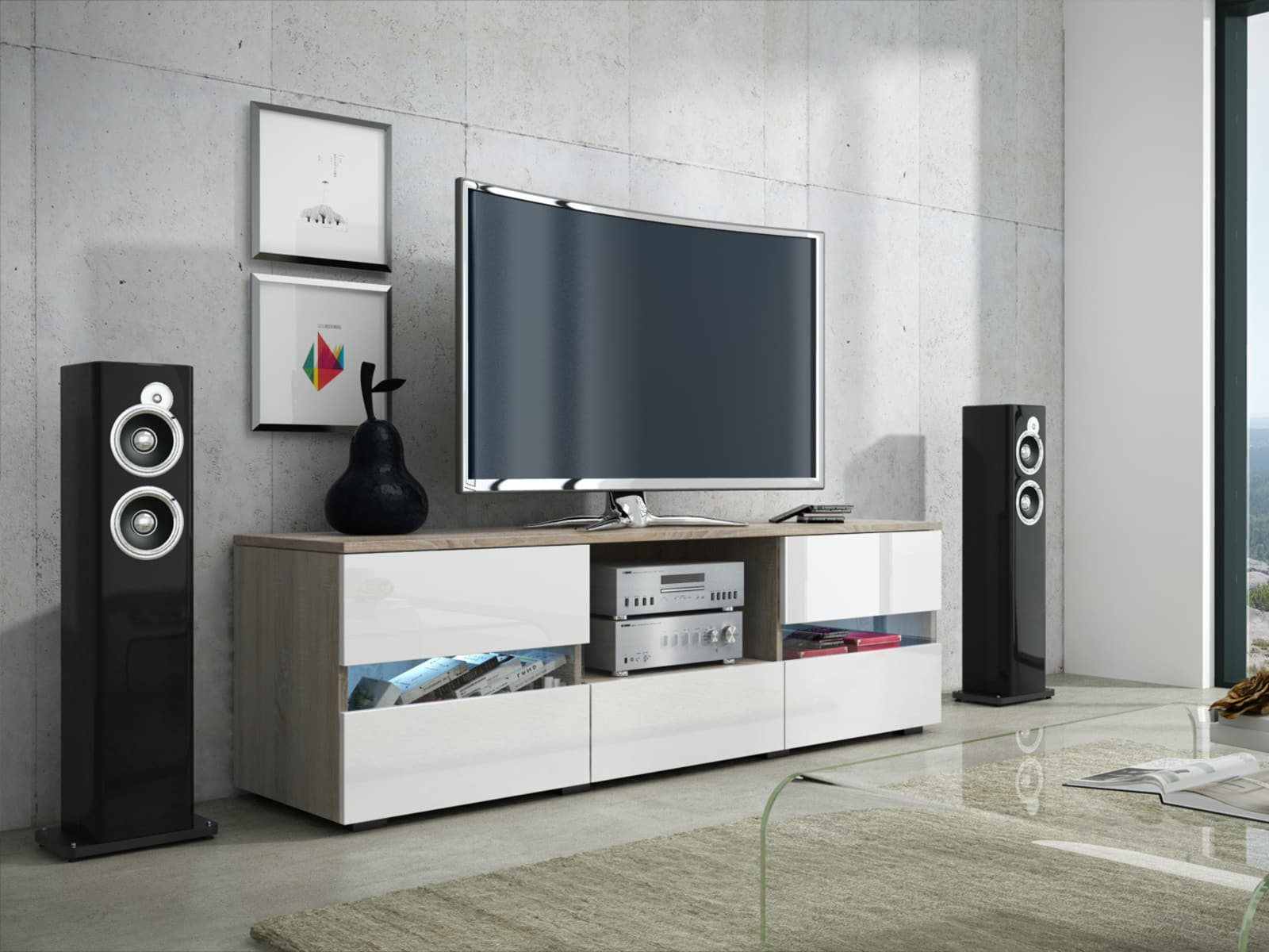 GLOBAL 2 televizní stolek, dub sonoma/bílý lesk