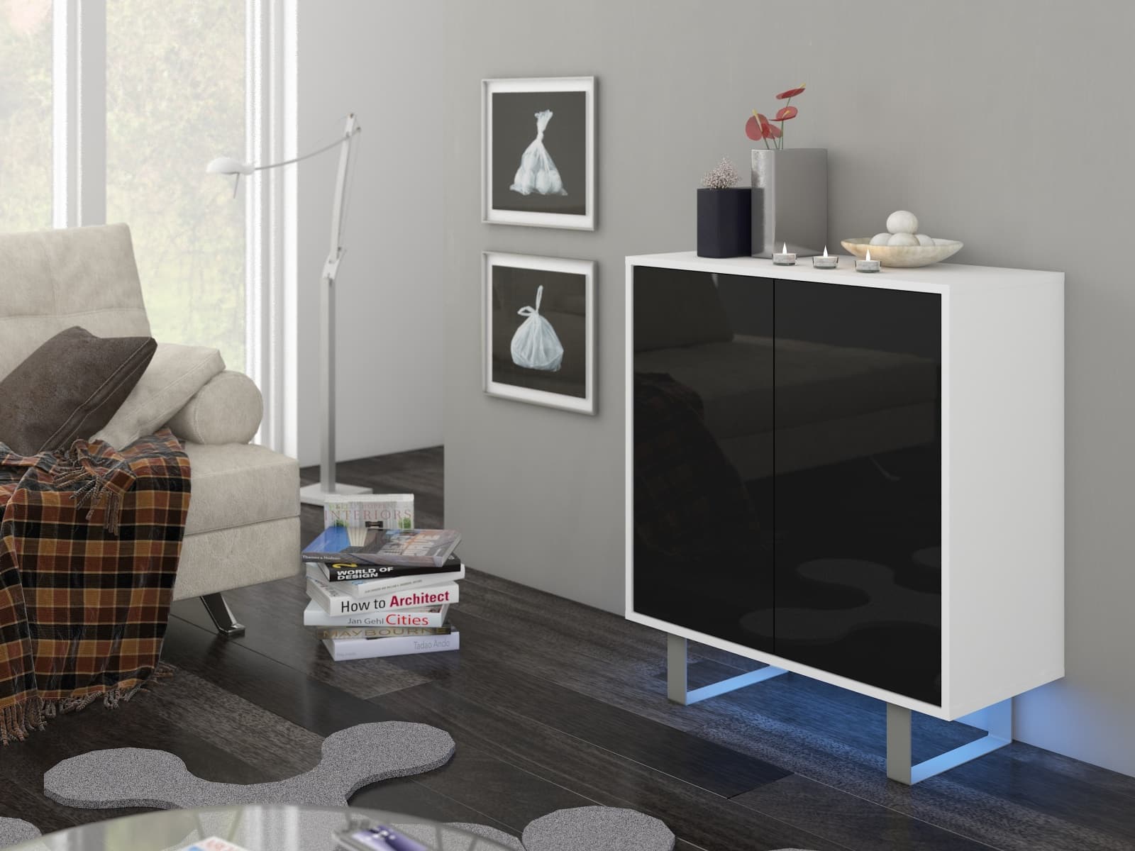 KING 3 komoda, bílá/černý lesk