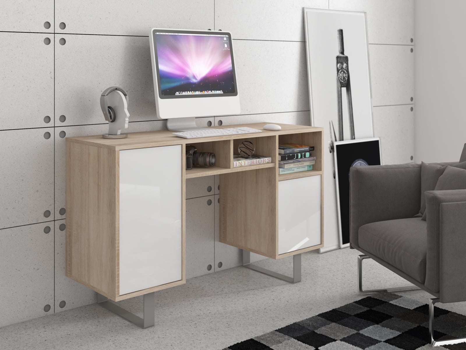 KING 9 psací stůl, dub sonoma/bílý lesk