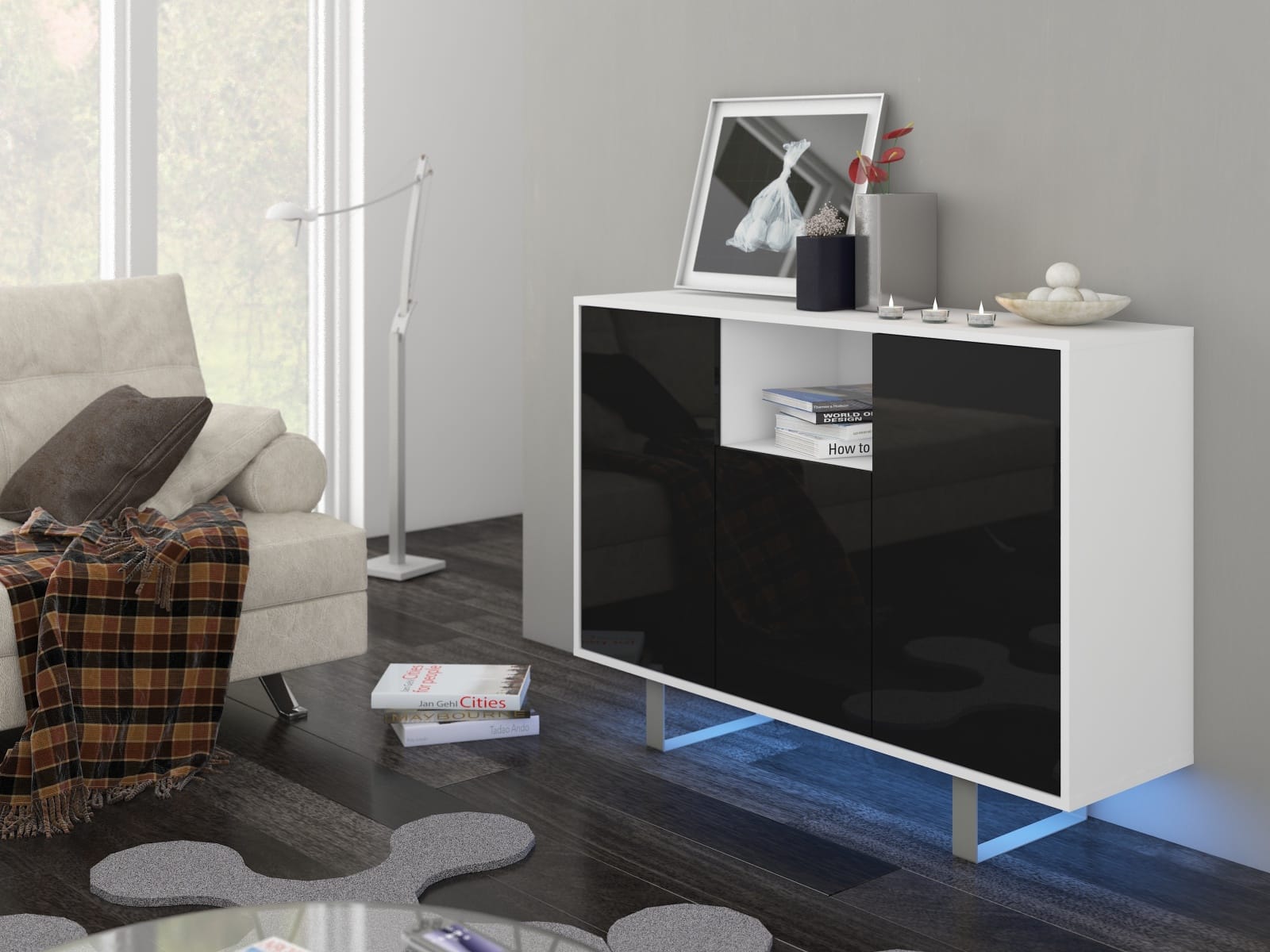 KING 4 komoda, bílá/černý lesk