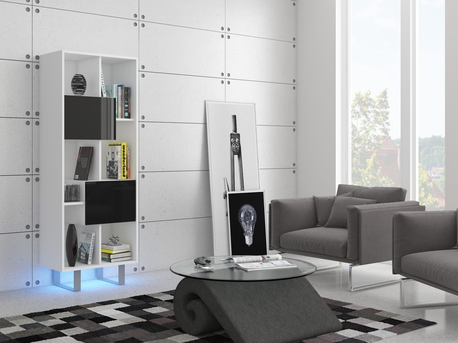 KING 7 vitrína, bílá/černý lesk