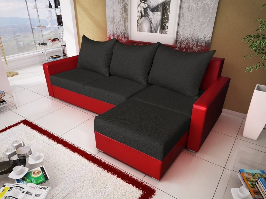 Rohová sedačka MALAGA BIS 2, černá látka, červená ekokůže