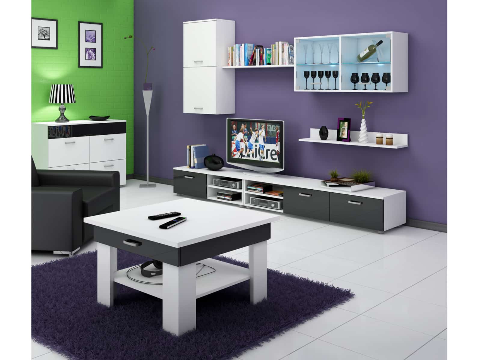 Konferenční stolek OMEGA, bílá/černý lesk