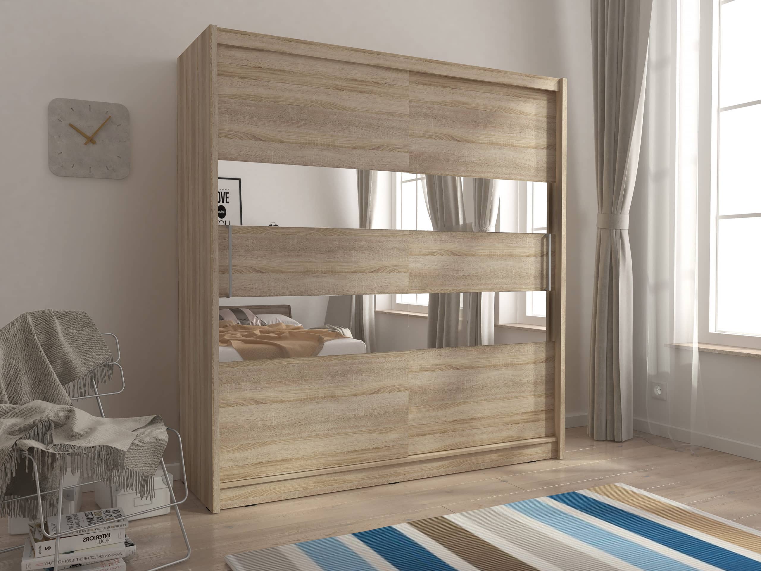 Skříň MAJA II se zrcadlovými pruhy 200 cm, dub sonoma