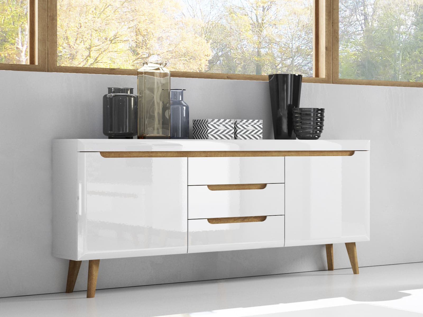 Komoda NORDI NKSZ160, bílá/bílý lesk/dub riviera