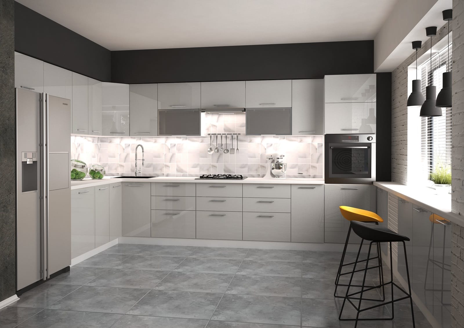 Rohová kuchyně VENTO 260x380 cm, dvířka: šedý lesk