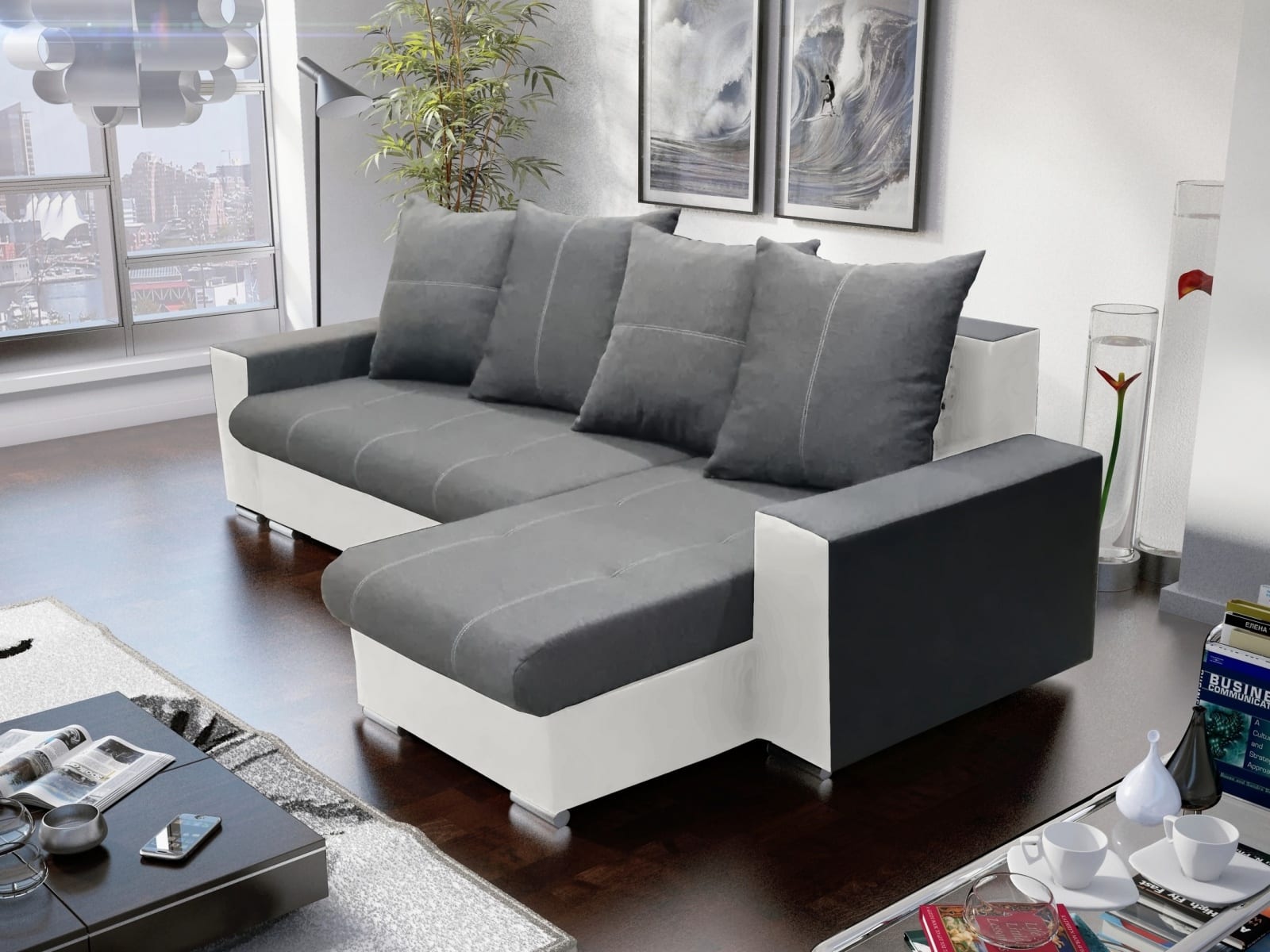 Rohová sedačka GORDI 2,  šedá látka/bílá ekokůže